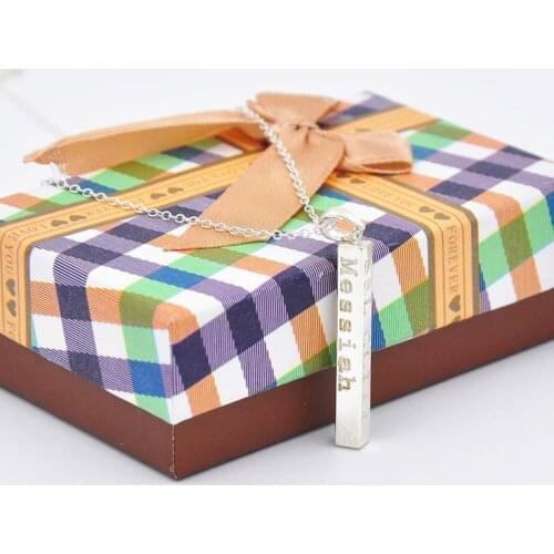 3D 4 sides Engraving Vertical Bar Necklace Solid Silver Custom Engraved Name Necklace Memorial Gift