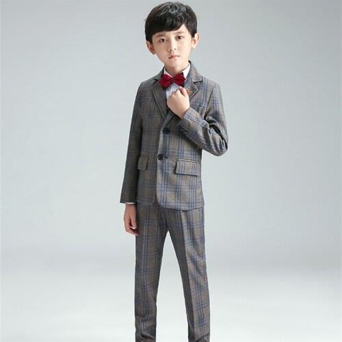 Boys Formal Suit Sets Childrens Plaid Blazer Vest Shirt Pants Tie 5pcs Clothing Sets Kids Wedding Party Performance Costume