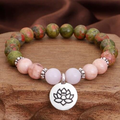 Natural Sun Stone Streche Bracelet with Lotus Charm Elastic Cord Pulserase Jewelry Beads Lovers woman Gift Yoga Jewelry