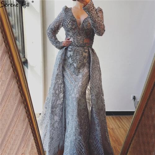Dubai Black V-Neck Lace Mermaid Evening Dresses 2020 Long Sleeves Crystal Sexy Evening Gowns Plus Size LA70159