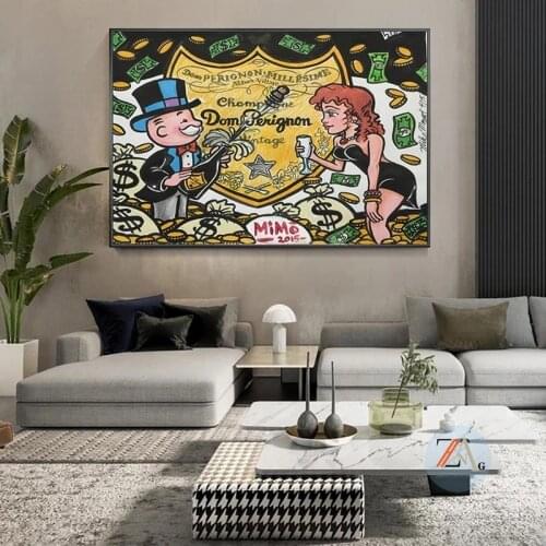 Graffiti champagne art money poster painting on a modern art screen on a wall photo home decoration painting