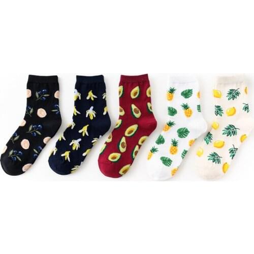 Cotton Women Socks Fruit Banana Avocado Black Colorful Spring Happy Retro Cool Casual Dress Funny Crew