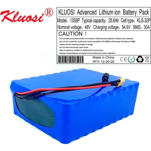KLUOSI 48V 25.6Ah 25Ah 13S8P 48V Battery 54.6V Li-ion Battery Pack with 30A BMS for Motor Electric Scooter Vehicle Ebike Bicycle