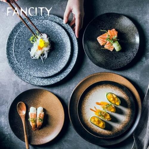 FANCITY Creative retro Japanese ceramic plate discs household flat dish dishes tableware bowl set custom logo
