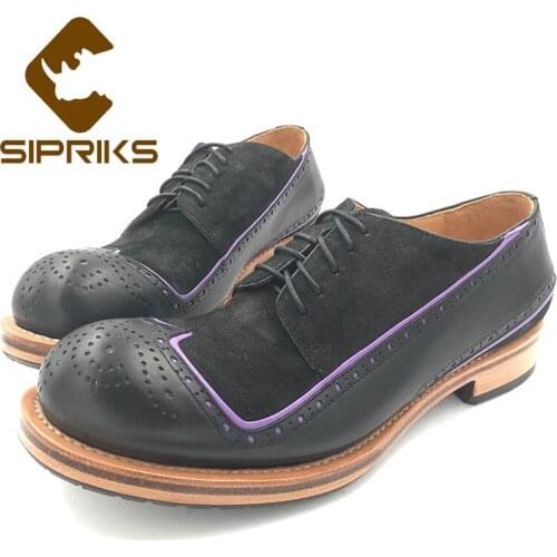 Sipriks Mens Retro Wingtip Dress Shoes Italian Handmade Thick Leather Outsoled Shoes Black Suede Calfskin Brogues Shoes Formal