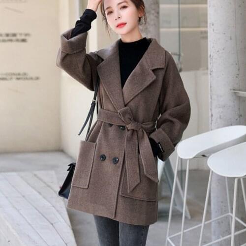 Women Warm Outwear Solid Popular Sashes All-match Thicker Classy Slim Stylish Double Breasted Leisure Brown Wool Coat 6291146