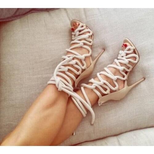 Newest Designer Rope Braided Lace-up High Heel Sandal Sexy Open toe Cut-out Gladiator Strappy Sandal Woman Women Dress Shoe