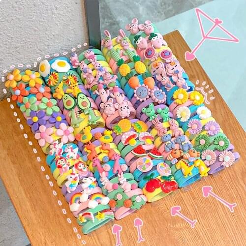 10PCS/Set New Girls Rainbow Cartoon Character Fruits Flower Elastic Rubber Bands Kids Lovely Headband Fashion Hair Accessories