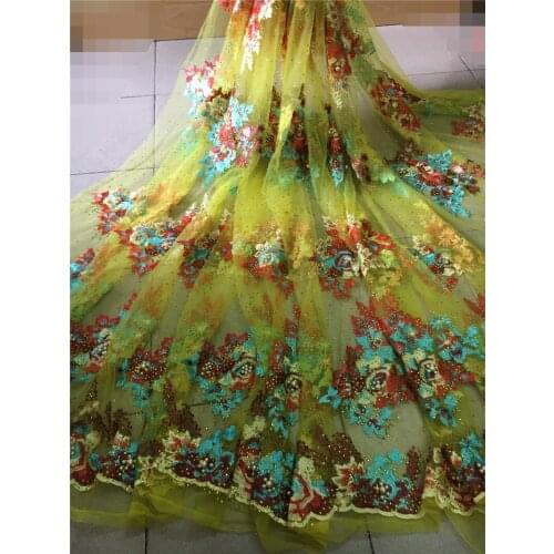 Yellow mesh pretty flowers lace Fabric with beads and stone High Quality Beautiful Nigerian Lace Fabric For fashion show dres