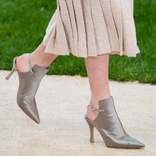 Women Runway Silk Pointed Toe Ankle Boots Woman Slingback Thin Heels Summer Back One Strap Sandals Boots Catwalk Shoes