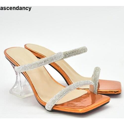 New Arrival Rhinestone Wedding Shoes Fashion Summer Thin Heels Flip Flops Female High Heels Slides for Ladies Party Woman Pumps