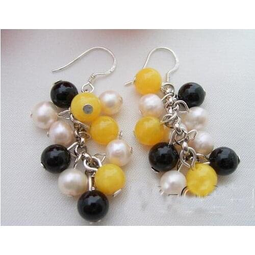 New Arrival Favorite Pearl Earrings White Real Freshwater Pearl Yellow Jade Black Agate Fine Jewelry S925 Silver Hook Earring