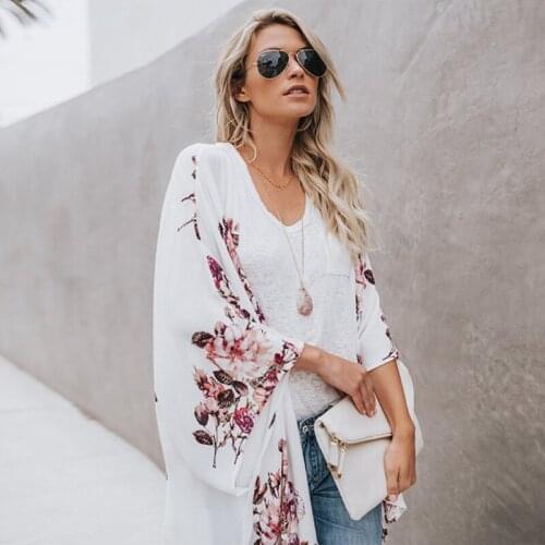 Kimono Women Summer Fashion Outfits 2021 Long Sleeve Cardigan Flower Print Blouses White Pink Blue Ladies Tops Loose Plus Size