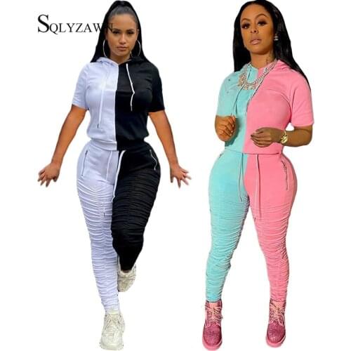 Color Block Women Ruched Matching Sets Summer Short Sleeve Hoodies Sweatshirt Trousers Casual Fitness Sportswear Two Piece Sets