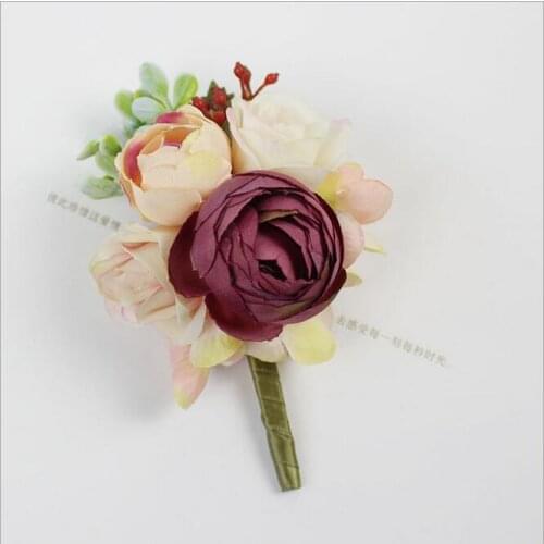 1pcs artificial wine red rose corsage Groom Boutonniere brooch women corsage flower bridal hand Flowers Wedding party flower