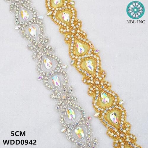10 yards )Bridal beaded gold AB crystal Rhinestone Applique Trim iron on for wedding dress rhinestone applique belt WDD0942