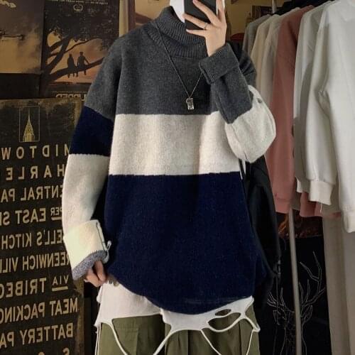 2021 Winter Mens Stripe Printing Wool Turtleneck Youth Pullover Homme Clothes Coats Keep Warm Knitting Cashmere Sweaters M-3XL