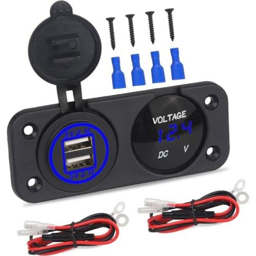 DIY Car Voltmeter Dual USB Charger 4.2A Power Socket TWO Holes Panel Waterproof Cap for Car Motorbike Boat with 60cm Cables