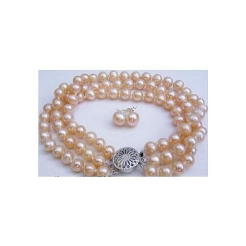 Free shipping .242 3 Rows Real Pink Pearl 18KWGP Flower Clasp Bracelet Earrings