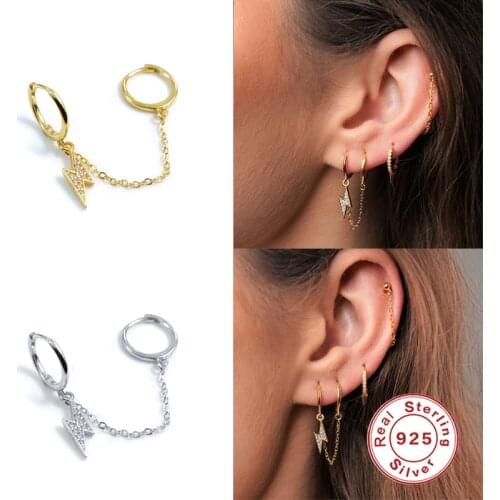 BOAKO 925 Sterling Silver Double Circle Hoops Chain Clips On Earring Safe Loops Lightning Zircon Pendant Ring Women Jewelry 1PC
