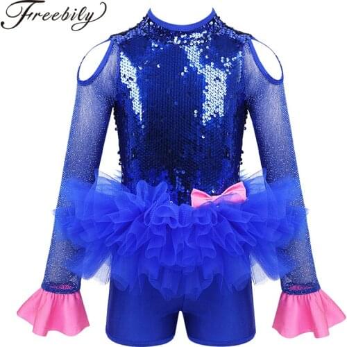 Girls Shiny Tulle Long Sleeves Sequins Jazz Costume Leotard Jumpsuit Tutu Ballet Dress Kids Lyrical Contemporary Dance Costumes