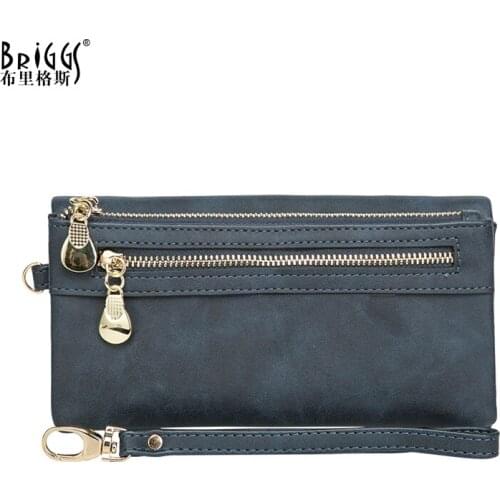 BRIGGS wallet women long PU Leather folding wallet ladies purse female wallet with wrist let strap for coin/phone clutch bag