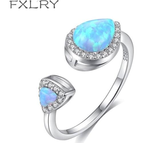 FXLRY New Design Silver color Micro Inlay Zircon Waterdrop Double Opal Rings for Lover Femme Open Rings Jewelry