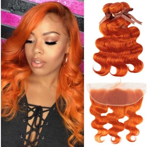 Sleek Orange Brazilian Bundles With Frontal Body Wave Lace Frontal With Bundles 8-28 Remy Human Hair Weave Bundles With Closure