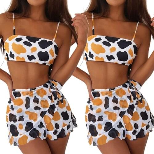 Womens Sexy 3pcs Bikini Set Contrast Color Cow Print Swimsuit with Ruffles Mini Sarong Wrap Skirt Cover Up Bathing Suit