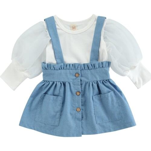 1-5Y Toddler Kids Baby Girl Puff Long Sleeve White Blouse Tops Suspender Skirt 2PCS Outfits Princess Girls Clothing Set
