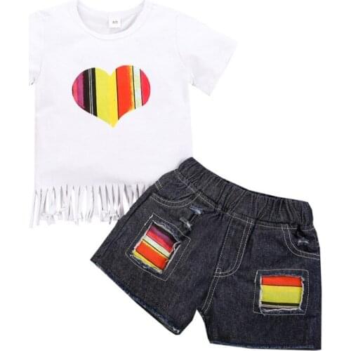 2021 2Pcs Newborn Baby Girl Clothes Set Heart-shaped Short Sleeve Fringe T-shirt+Casual Jeans Shorts Children Clothing Outfits