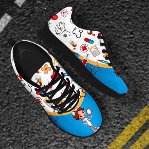 ELVISWORDS Nurse Print Casual Lightweight Ladies Air Mesh Sneakers Females Lace Up Flat-Shoes Non-slip Womens Walking Shoes