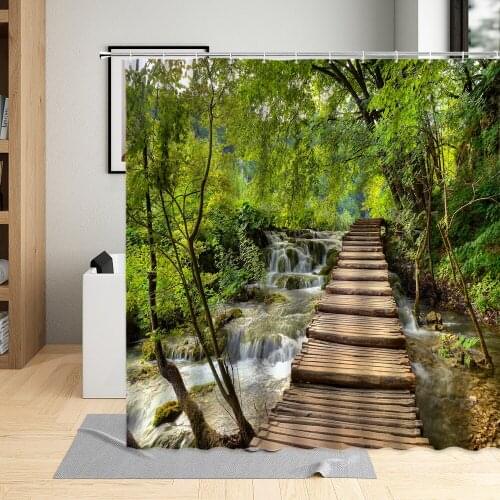 Forest Shower Curtain Green Plant Landscape Plank Road Waterfall Scenery Pattern Bathroom Decor Polyester Cloth Hanging Curtain