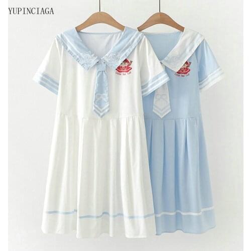 Summer 2021 Navy Sailor Collar Long Sleeve Cute Preppy Style Dress Women White Sweet Loose Mid-Length Skirt For Girls With Tie
