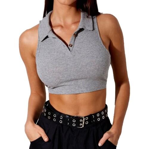 Ladies Summer Sexy Knitted Camisole Girls Temperament Creative Lapel Solid Color Midriff-baring Sleeveless Slim Crop Top
