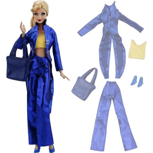 Fashion Lady Outfit Wedding Party Wear Blue Tuxedo Coat Tops Trousers Handbags High Heels Shoes for Barbie Doll Accessories