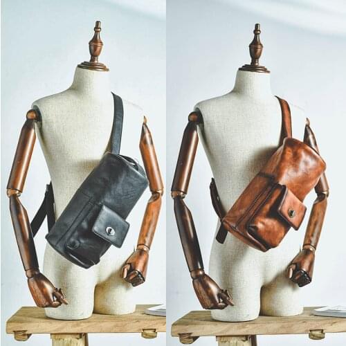 Fashionable personality mens genuine leather bucket bag large capacity messenger bag first layer cowhide shoulder bag chest bag