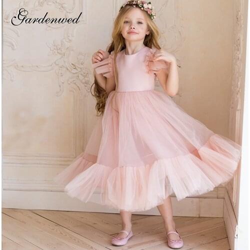 Gardenwed A-line Lovely Pink Flower Girl Dresses Kids Gradient Tulle Layers Prom Dress Backless Tulle Sleeve Celebrity Dresses
