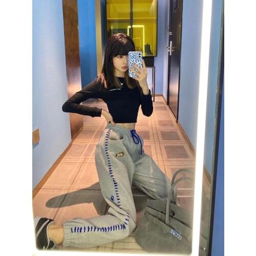 2021 autumn and winter hit color hook line drawstring elastic waist plus velvet womens casual pants loose and versatile trouser