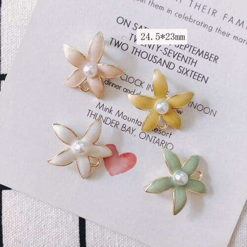 Pearl Core Enamel Alloy Flower Charms 30pcs 25*23mm Gold Tone Plated Oil Drop Floral Earring Necklace Floating Pendants Ornament