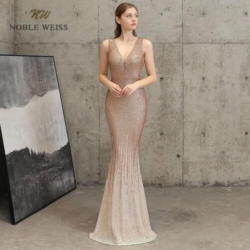 Evening dresses sexy v-neck mermaid gold/dark red sequin zipper back Prom dress floor length in stock evening gown