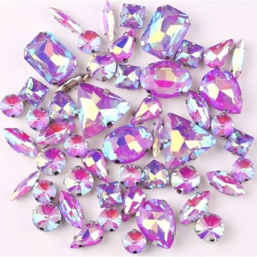 Silver claw setting jelly candy Purple AB 50pcs/bag shapes mix glass crystal sew on rhinestone wedding dress shoes bag diy