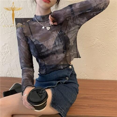 O-Neck Long Sleeve Mesh T-Shirt Top Womens Clothes See-Through Streetwear Loose Pullover Tie-Dye Print Crop Top Female Tees