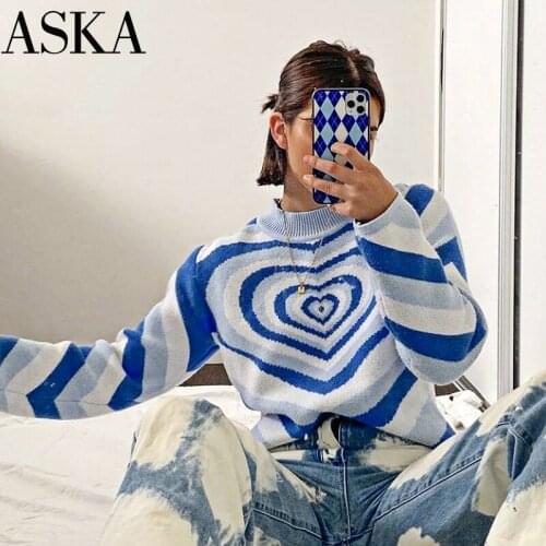 Blue Y2K Heart Striped Sweater Knitted Sweet Long Sleeve Turtleneck Harajuku pulr E-girl Knitwear Tops 2021 retro 90s T-shirt
