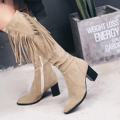 Big Size 11 12 13 14 15 16 17 Suede side zipper tip fringed thick heel long cylinder and knee snow boots