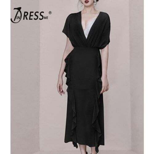 INDRESSME Summer Style Solid Black V-neck Short Sleeve Top High Waist Ruffles Midi Skirt 2019 Fashion Women Set