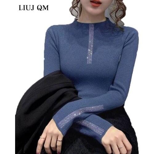 Half-high Neck Bottoming Sweater Women 2020 Autumn Winter New Western Fashion Hot Drilling Thickened Pullover Knitted T Shirt