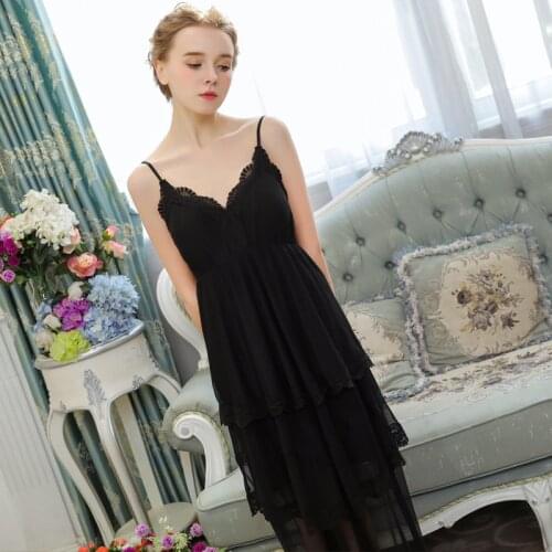 Lady Summer Sleep Dress Women Black Palace Princess Nightgown Sexy Retro-Modal Lady Lace Home Clothes Nightwear H5566