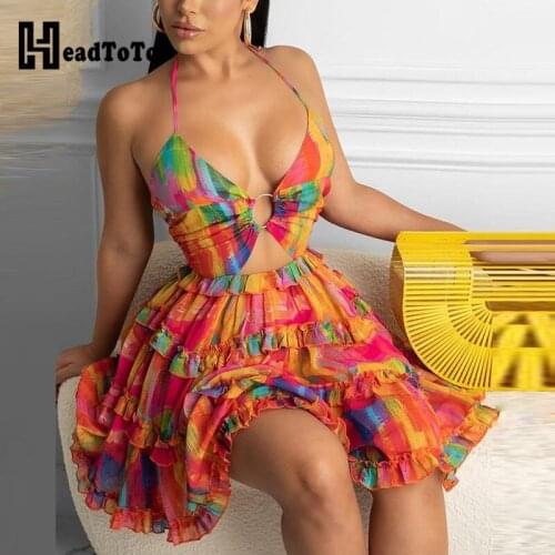 Cami Deep-V Floral Print Dress Women Sexy Backless Halter Summer Dress