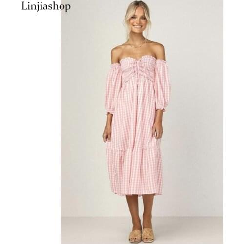 Women Pink Plaid Slash Neck A-line Summer Dress High Waist Bodycon Chic Lace Up Midi Dress For Party Holiday Femme Cloth
